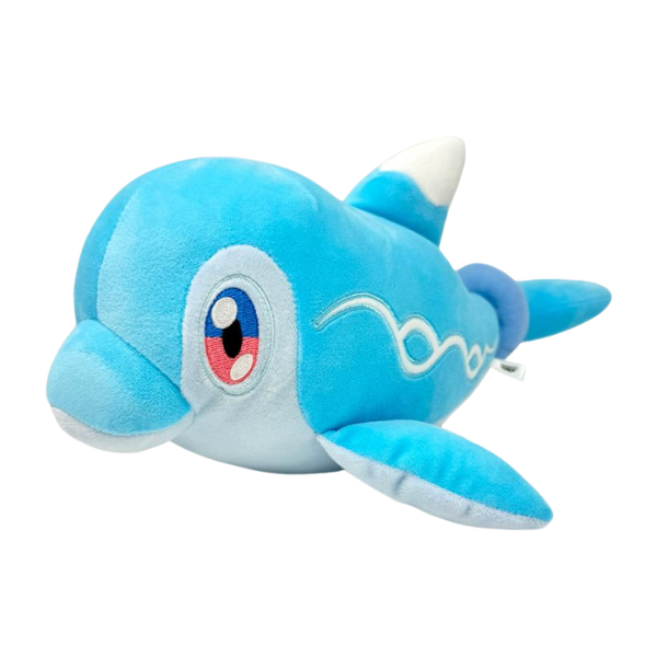 A three quarters view of a soft, high quality Finizen plush made of bright blue soft fabric, and a light grey-blue belly. He has nicely embroidered red and blue eyes, and embroidered wave design details on his body.