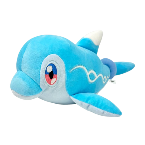 A three quarters view of a soft, high quality Finizen plush made of bright blue soft fabric, and a light grey-blue belly. He has nicely embroidered red and blue eyes, and embroidered wave design details on his body.