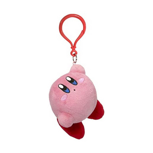 Kirby plush in a dangling pose. His hand is touching a red plastic key ring.