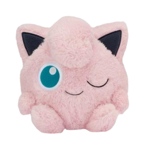 A super fluffy Jigglypuff plush made of soft furry fabric. Her face details are nicely embroidered and she's making a winking face.