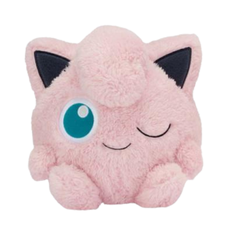 A super fluffy Jigglypuff plush made of soft furry fabric. Her face details are nicely embroidered and she's making a winking face.