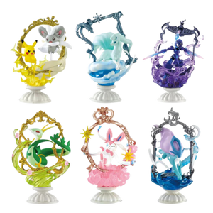 6 different types of Pokemon in various frames on white stands: 1. pikachu and cincinno in an electric and gold frame. 2. alolan ninetails in an icy frame. 3. ceruledge in a purple swirly frame. 4. serperior in a green and gold flowery frame. 5. sylveon in a rose gold and pink frame with sparkles. 6. suicune in a silver and blue frame.