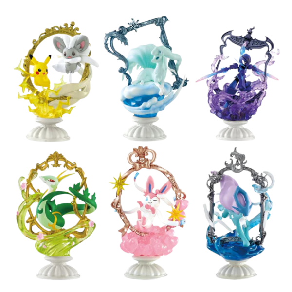 6 different types of Pokemon in various frames on white stands: 1. pikachu and cincinno in an electric and gold frame. 2. alolan ninetails in an icy frame. 3. ceruledge in a purple swirly frame. 4. serperior in a green and gold flowery frame. 5. sylveon in a rose gold and pink frame with sparkles. 6. suicune in a silver and blue frame.