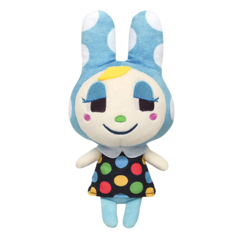 A plush of Francine the blue and white polka dotted bunny villager from Animal Crossing. She's wearing a rainbow polka dot dress and her facial details are nicely embroidered.