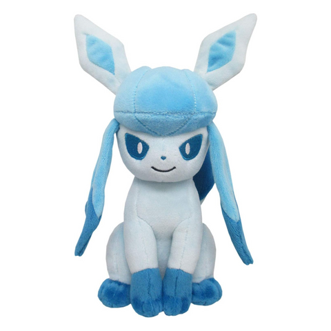 A light blue Glaceon plush in a seated pose.