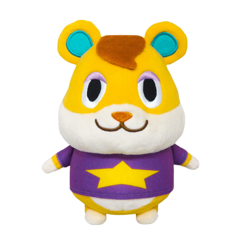 A plushie of Hamlet from Animal Crossing. He's a yellow hamster with white markings, a shock of brown felt hair, and is wearing a purple shirt with a star on it.