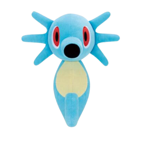 A large plush of the Pokemon Horsea. The fabric is a soft aquamarine blue, with nicely embroidered face and stomach details.