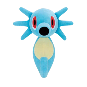 A large plush of the Pokemon Horsea. The fabric is a soft aquamarine blue, with nicely embroidered face and stomach details.