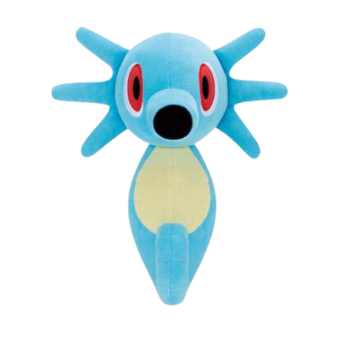 A large plush of the Pokemon Horsea. The fabric is a soft aquamarine blue, with nicely embroidered face and stomach details.