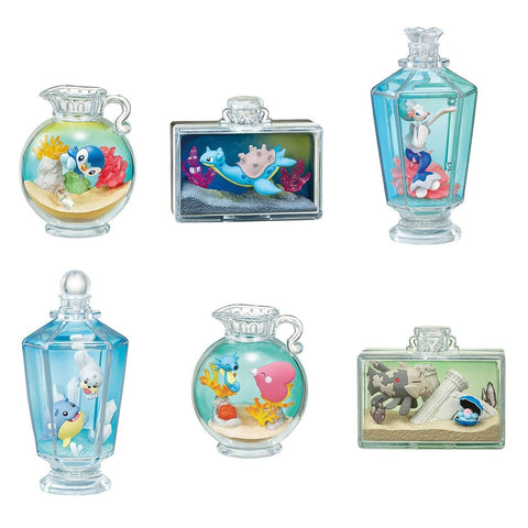 Six pokemon bottle figures: A. Piplup swimming in a sandy underwater scene with coral. B. Lapras in a regtangular bottle, swimming in dark water with coral. C. Primarina sitting elegantly on a pink coral chair in a crystal bottle. D. Spheal and Seel swimming in icy waters in a fancy bottle. E. Horsea and Luvdisc swimming in sandy tropical waters in a simple bottle. F. Relicanth and Clamperl swimming in sandy underwater ruins in a rectangular bottle.