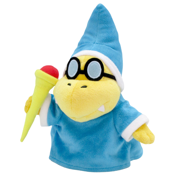 A high quality plush of Kamek from the super mario series. His teeth and glasses are made of felt, while other facial details are embroidered. He's wearing a blue robe and holding a yellow and red sceptre.