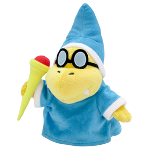 A high quality plush of Kamek from the super mario series. His teeth and glasses are made of felt, while other facial details are embroidered. He's wearing a blue robe and holding a yellow and red sceptre.