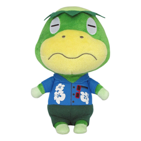 A high quality plush of Kappn from Animal Crossing. He's a green plush with a yellow face and a dark green felt kappa headband. He's wearing a blue hawaiin shirt with dark green pants, and his face is nicely embroidered.