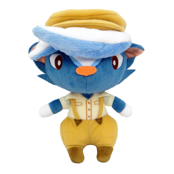 A high quality plushie of Kicks the skunk from Animal Crossing. He's wearing a light yellow newsboy cap, yellow pants with suspenders, over a cream colored button down shirt. His nose is felt and his eyes are nicely embroidered.