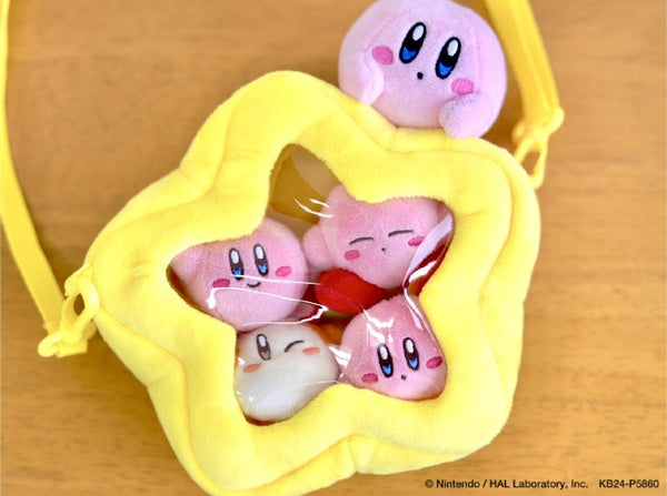 A promo image from Nintendo/HAL Laboratory showcasing the bag filled with tiny Kirby plushies, that can be seen visibly through the clear window.