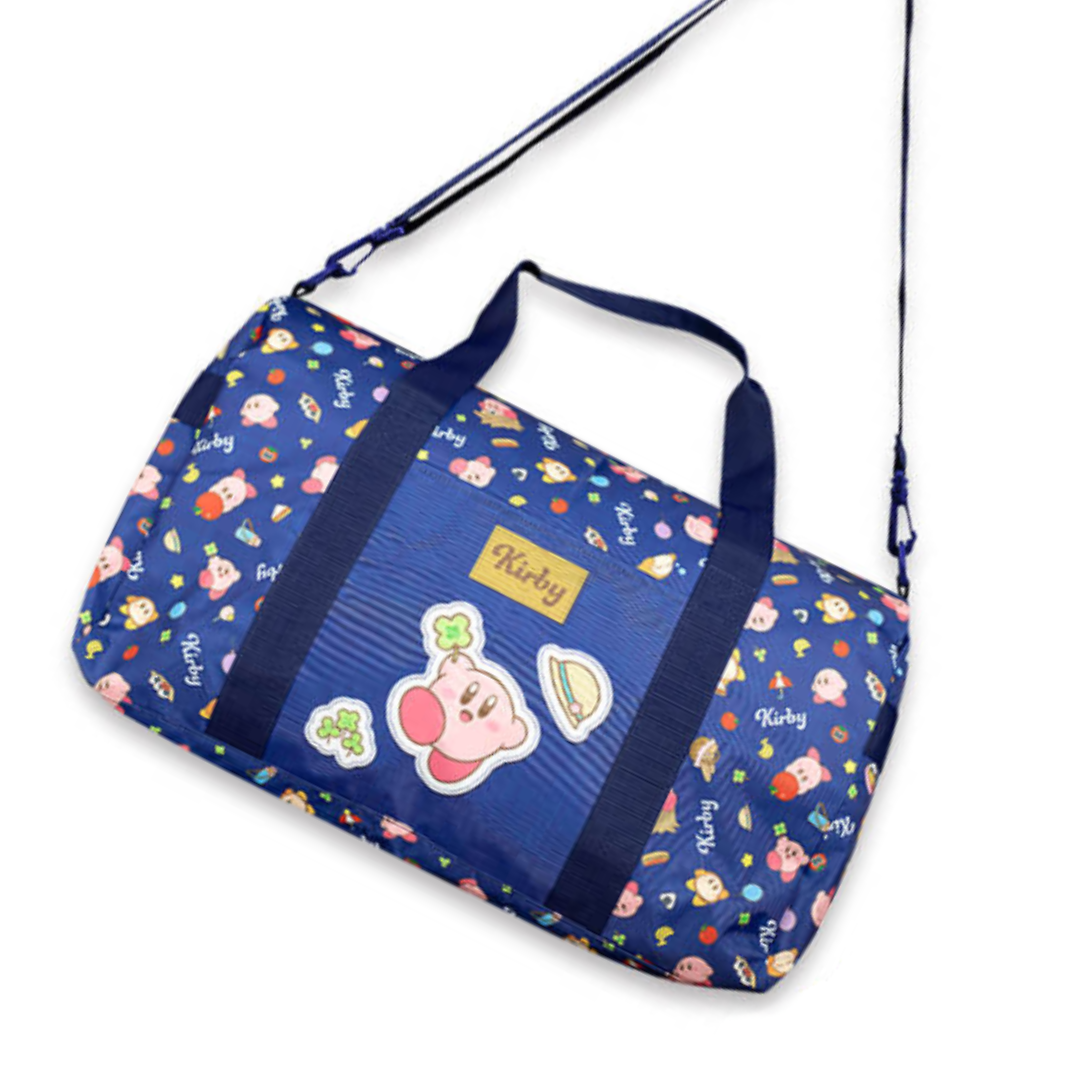 A ;arge dark blue bag featuring kirby and waddle dee with a pattern of various foods and objects like sandwiches, tomatoes, clovers, and rice balls. The straps are navy blue and the front features kirby holding a four leaf clover.