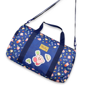 A ;arge dark blue bag featuring kirby and waddle dee with a pattern of various foods and objects like sandwiches, tomatoes, clovers, and rice balls. The straps are navy blue and the front features kirby holding a four leaf clover.