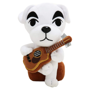 A plush of KK slider. He is a white dog with thick black eyebrows, seated on a brown stool and holding a brown guitar.