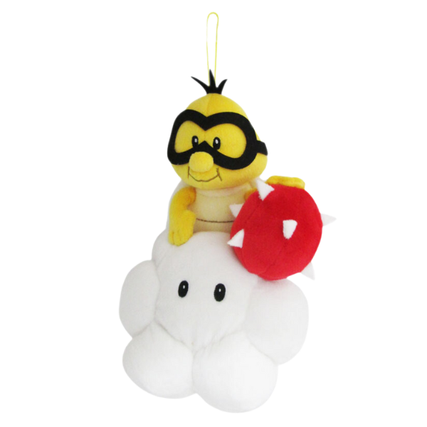 A high quality Lakitu plush. He's sititng on a large plush cloud with embroidered face details. His goggles and hair are a soft felt, and he's holding a plush spiky ball. There's a strap that hangs from the top of the plush so that you can hang him.