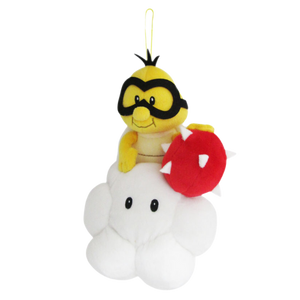 A high quality Lakitu plush. He's sititng on a large plush cloud with embroidered face details. His goggles and hair are a soft felt, and he's holding a plush spiky ball. There's a strap that hangs from the top of the plush so that you can hang him.