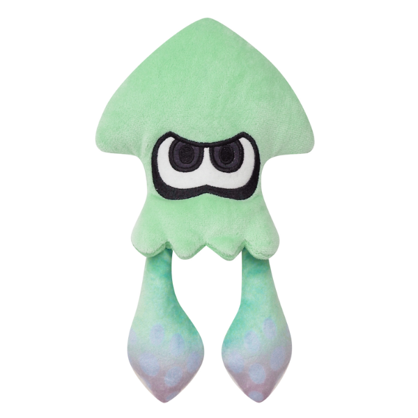 A splatoon squid plushie in a light seafoam green or aqua color. The sucker and gradient pattern on the tentacles is part of the fabric, and the eyes are nicely embroidered.