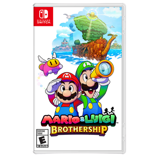 The box art for Mario & Luigi Brothership for Nintendo Switch. Features Mario and Luigi with their arms around each other. Luigi is looking through a handheld telescope.