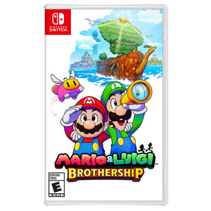 The box art for Mario & Luigi Brothership for Nintendo Switch. Features Mario and Luigi with their arms around each other. Luigi is looking through a handheld telescope.