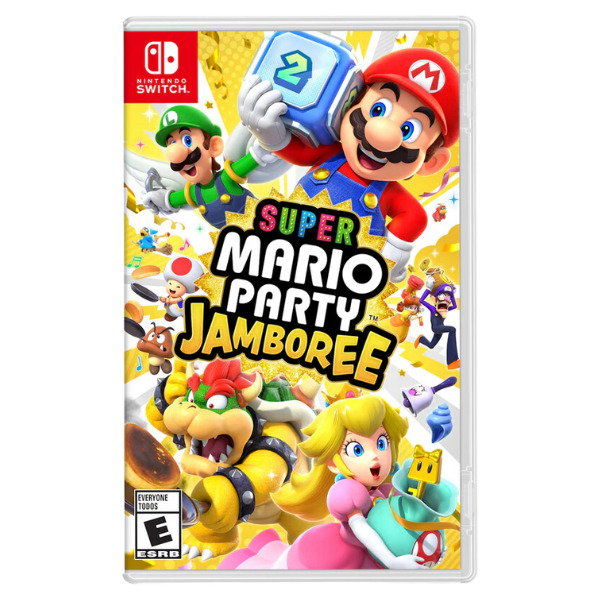 The box art for Super Mario Party Jamboree, featuring Mario holding a dice block, Luigi, Toad, Bowser, Peach, Waluigi, and Daisy all arranged around the title logo.