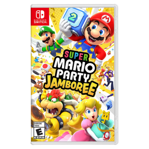 The box art for Super Mario Party Jamboree, featuring Mario holding a dice block, Luigi, Toad, Bowser, Peach, Waluigi, and Daisy all arranged around the title logo.