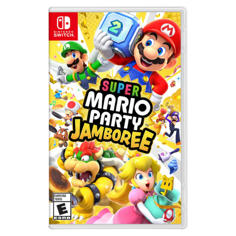 The box art for Super Mario Party Jamboree, featuring Mario holding a dice block, Luigi, Toad, Bowser, Peach, Waluigi, and Daisy all arranged around the title logo.