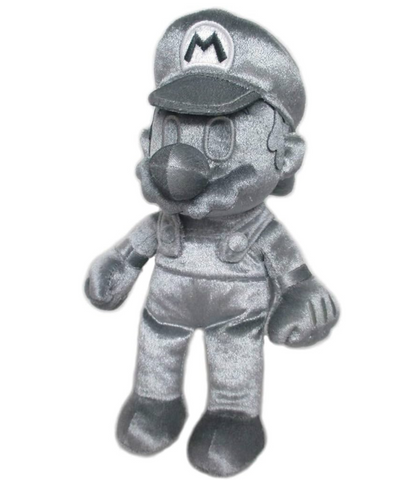 A metal mario plushie made of a shiny silver fabric