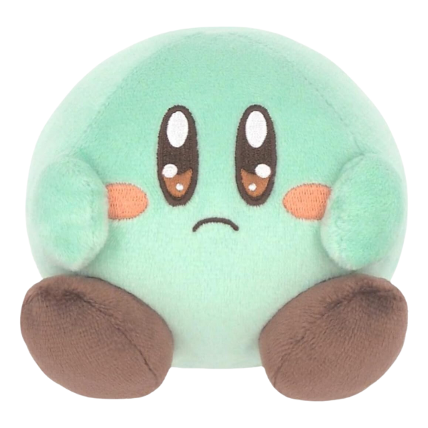 A small mint green Kirby plush with chocolate brown feet. He is frowning and his facial details are nicely embroidered.