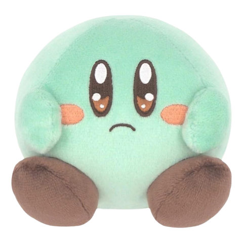 A small mint green Kirby plush with chocolate brown feet. He is frowning and his facial details are nicely embroidered.