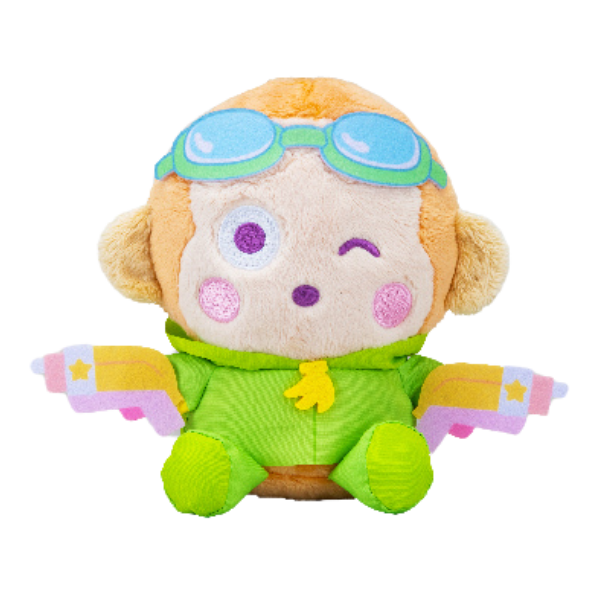 A high quality plush of Monkichi the monkey. He has light brown fur with a cream colored face, and is wearing a lime green rain coat with banana details. He is holding two banana-shaped water guns.