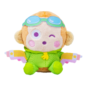 A high quality plush of Monkichi the monkey. He has light brown fur with a cream colored face, and is wearing a lime green rain coat with banana details. He is holding two banana-shaped water guns.