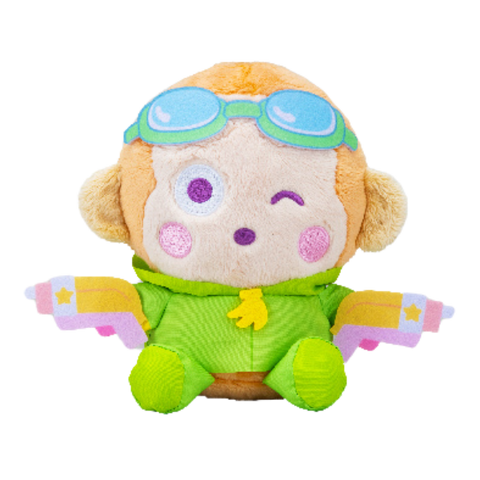 A high quality plush of Monkichi the monkey. He has light brown fur with a cream colored face, and is wearing a lime green rain coat with banana details. He is holding two banana-shaped water guns.