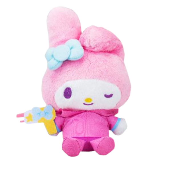 A fluffy high quality plush of My Melody wearing a bright pink rain coat. She's holding a yellow water gun with a bow detail.