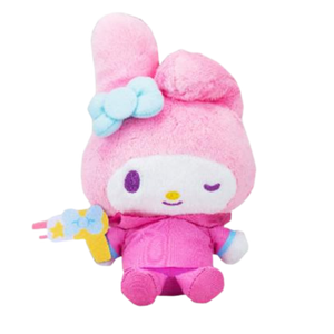 A fluffy high quality plush of My Melody wearing a bright pink rain coat. She's holding a yellow water gun with a bow detail.