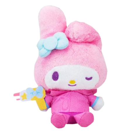 A fluffy high quality plush of My Melody wearing a bright pink rain coat. She's holding a yellow water gun with a bow detail.