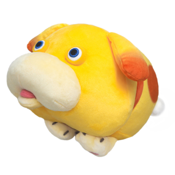 A very soft, stuffed plush of Oatchi from Pikmin. His mouth is slightly open showing his tongue.