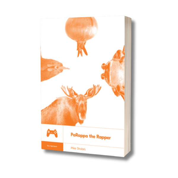 The cover for Parappa the Rapper by Mike Scholars. The cover is in orange monochrome and features a rooser, an onion, a frog, and a moose.