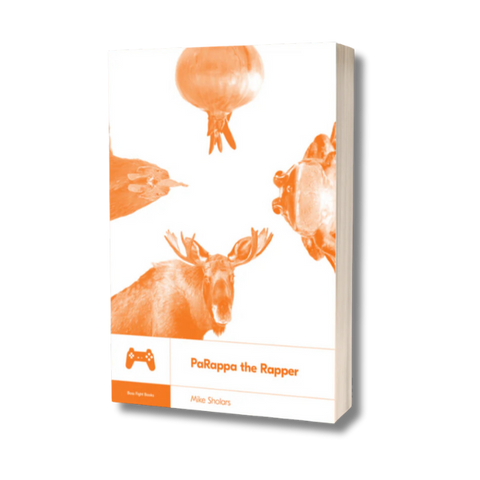 The cover for Parappa the Rapper by Mike Scholars. The cover is in orange monochrome and features a rooser, an onion, a frog, and a moose.