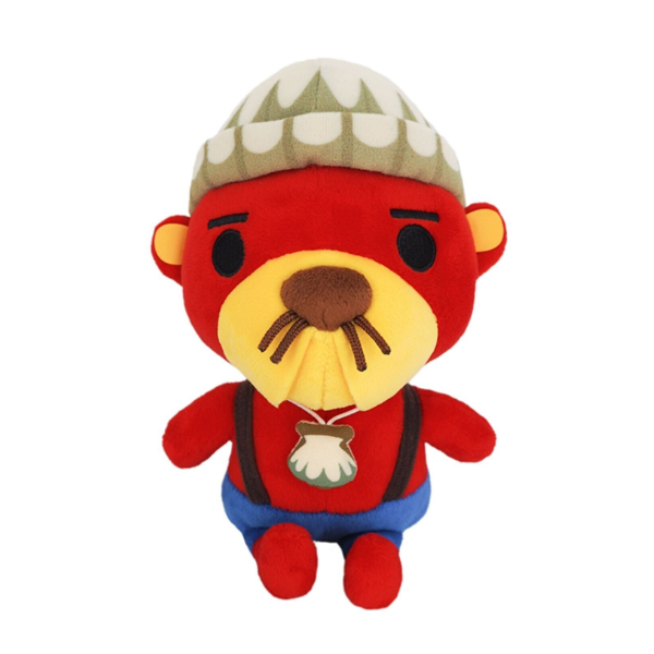 A high quality plush of Pascal. He is red with a butter-yellow face, brown nose and whiskers, and wearing a cream colored beanie. His eyes are nicely embroidered. He is wearing a felt necklace of a scallop and has fabric suspenders and blue pants.