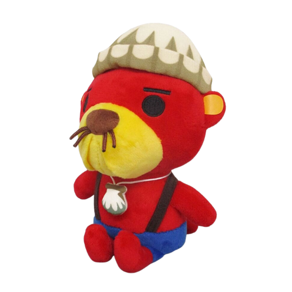 Three quarters view. A high quality plush of Pascal. He is red with a butter-yellow face, brown nose and whiskers, and wearing a cream colored beanie. His eyes are nicely embroidered. He is wearing a felt necklace of a scallop and has fabric suspenders and blue pants.