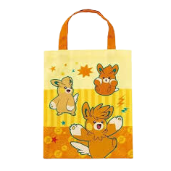 A tote bag in yellow and orange featuring Pawmi, Pawmo, and Pawmot all looking happy. The bag has an orange handle.