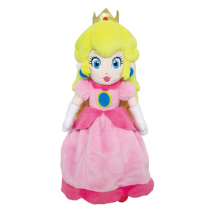 A highly detailed Princess Peach plushie. She is wearing a baby pink dress with hot pink details and a blue and yellow felt bodice detail. She has white gloves, blue earrings, and a metallic crown. Her face is nicely embroidered.