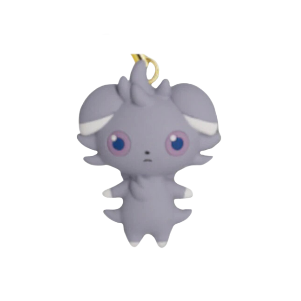 A high quality keychain of Espurr. He is light purple with purple eyes and white "socks" on his paws.