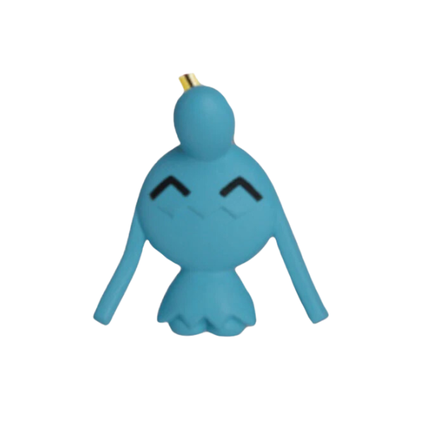 A keychain of the pokemon Wynaut with a happy expression on its face.