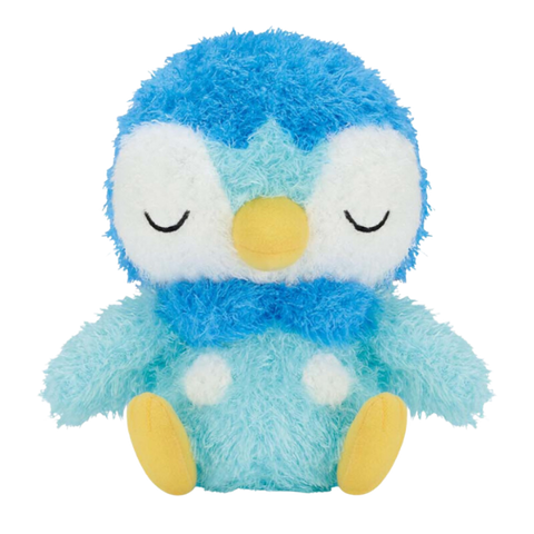 An extra fluffy sleeping Piplup plush made of super fuzzy fabric. He's in a seated position and both eyes are closed like he's sleeping.