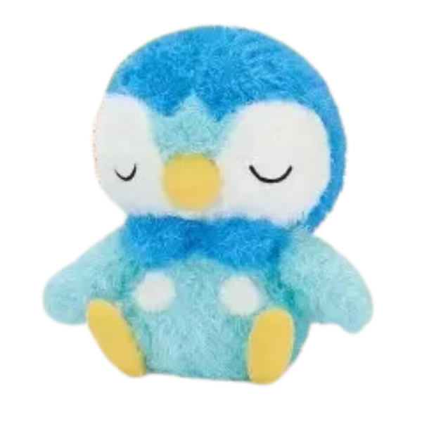 Three quarters view of an extra fluffy sleeping Piplup plush made of super fuzzy fabric. He's in a seated position and both eyes are closed like he's sleeping.